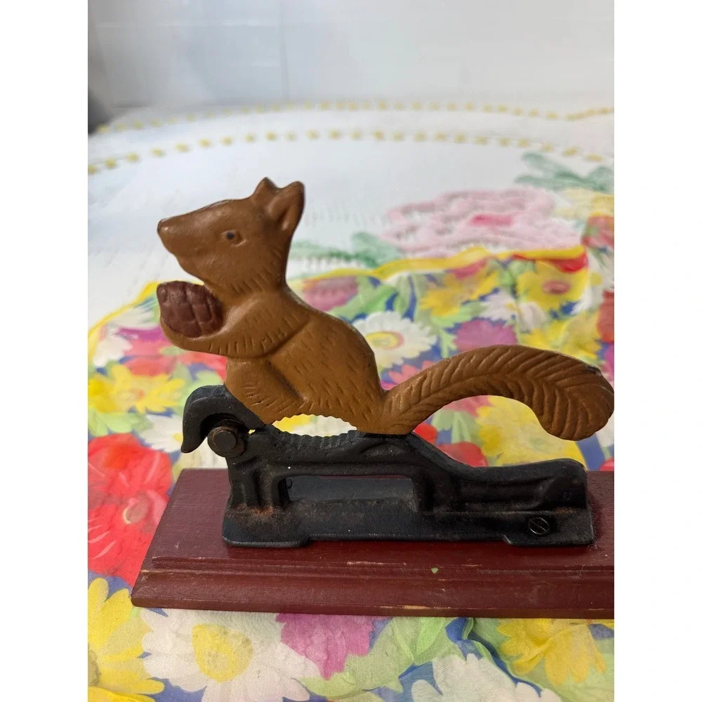 Vintage Squirrel Cast Iron Nutcracker on Wood Base Rustic Cabin Decor